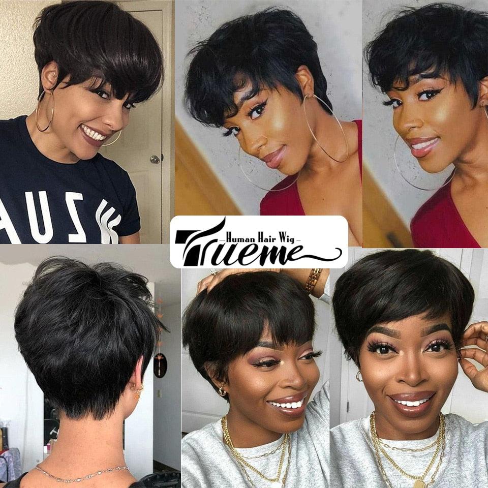 Trueme Short Straight Human Hair Pixie Cut Brazilian Ombre/ Brown/ Red/ Grey Wigs