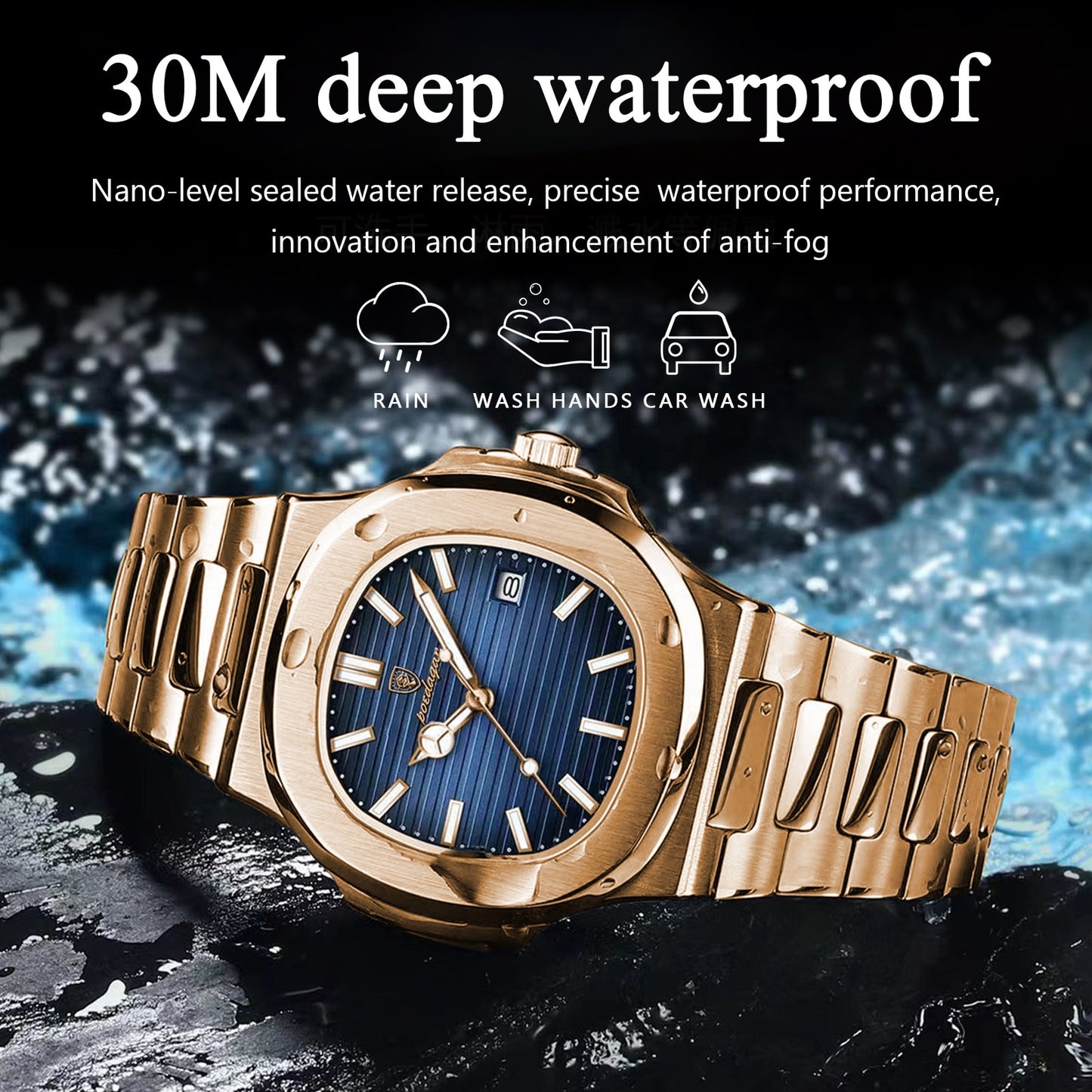 POEDAGAR Luxury Square Men's  Business Stainless Steel Waterproof Luminous Quartz Men Watch With  Date