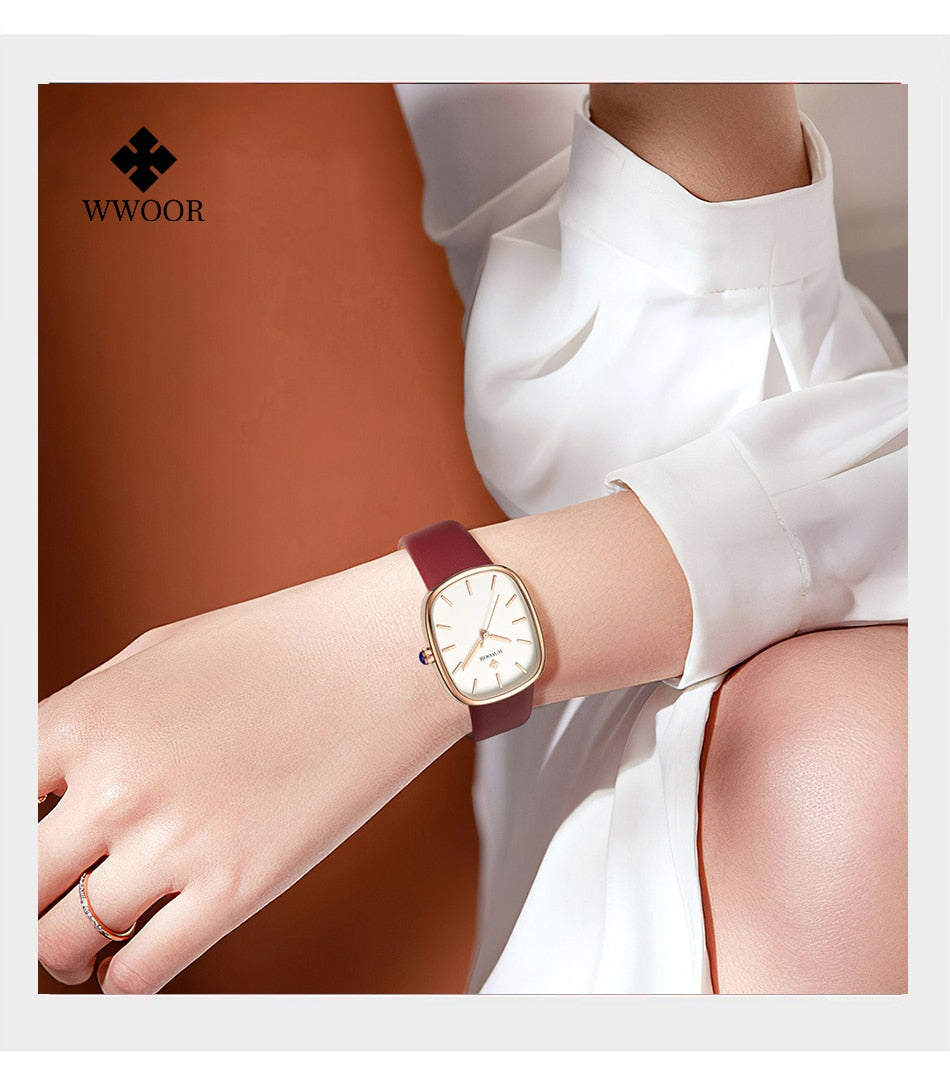 WWOOR 2023 Women's Fashion Leather Bracelet Top Brand Quartz Luxury Waterproof Ladies Wristwatch