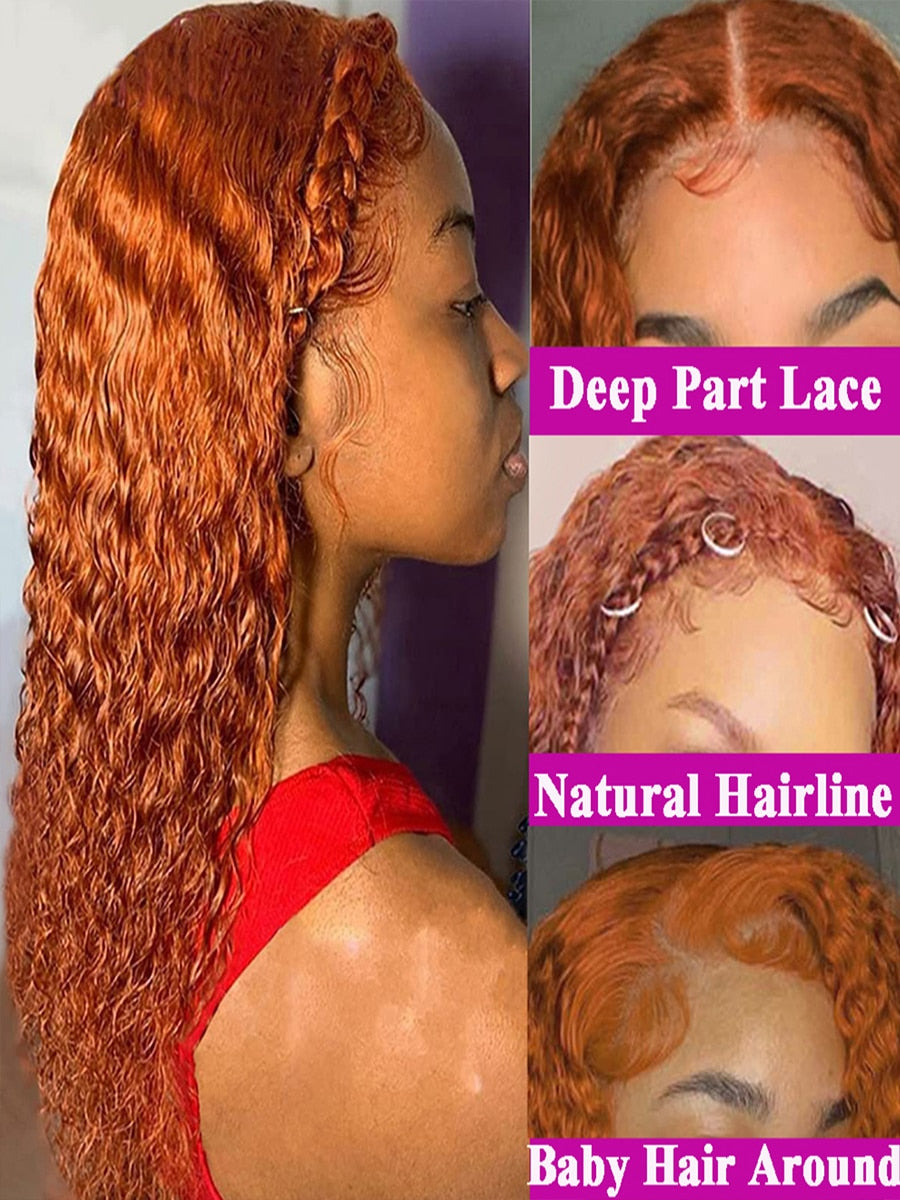 12-34 Inch Ginger Orange 360 Full Lace Front 13x4 HD Transparent Deep Wave Wig