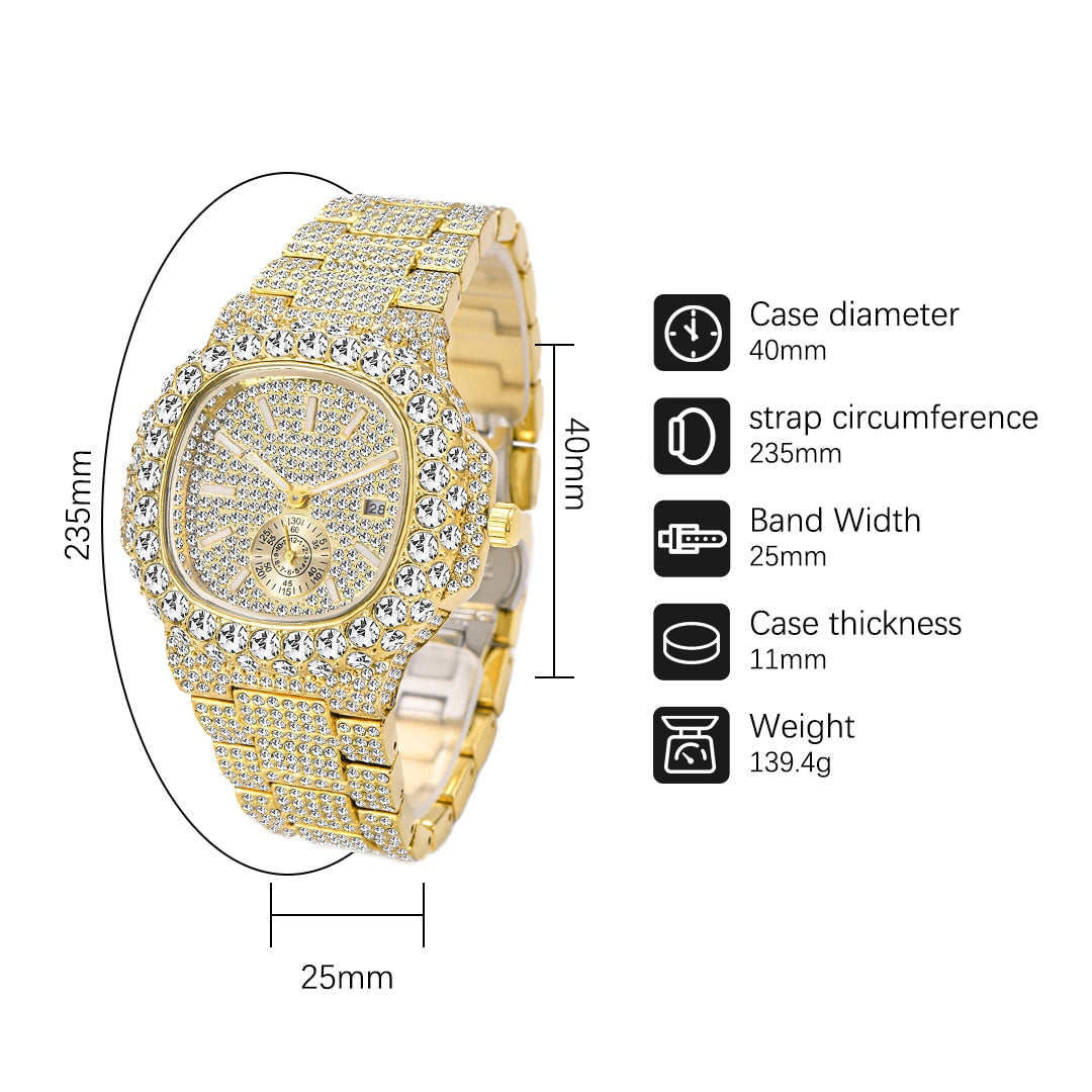 Gold Watch For Men Diamond Iced Out Hip Hop Stylish Quartz Waterproof Wristwatches