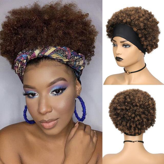 Curly Afro Puff Half Hair Up-do Brazilian Remy Human Hair Headband/ Turban Wrap-wigs