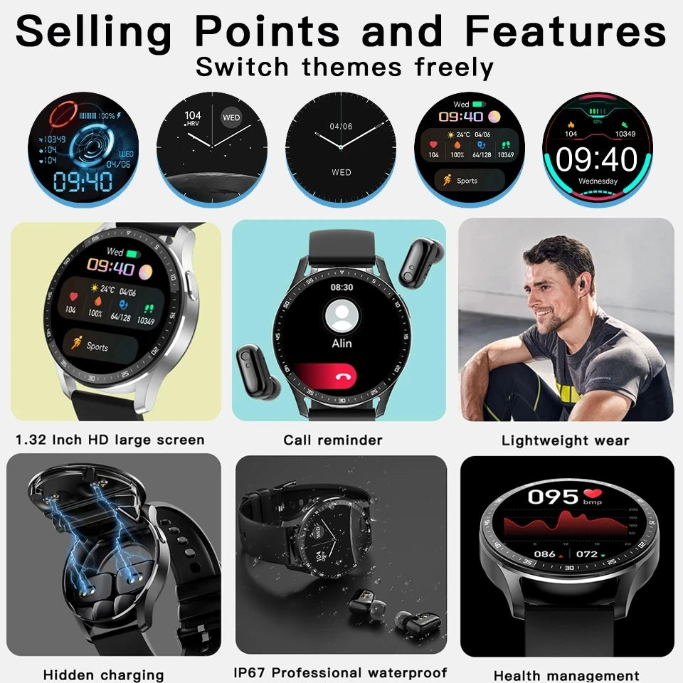 GEJIAN X7 Headset Smart Watch TWS Two In One Wireless Bluetooth Dual Headset Call Health Blood Pressure Sport Music Smartwatch