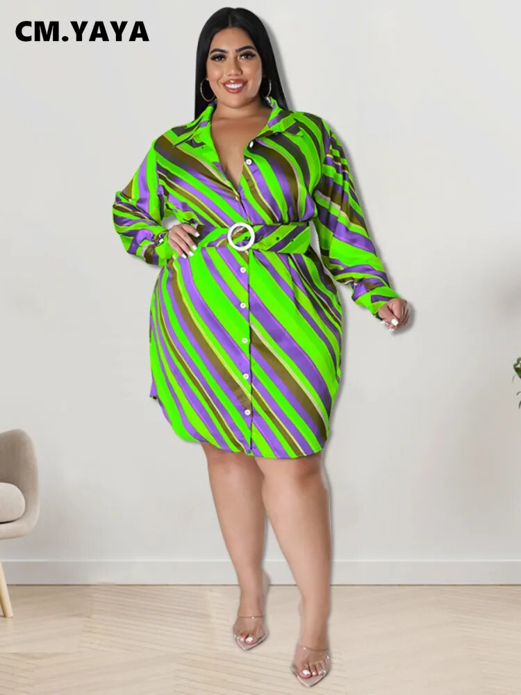 Elegant Women Plus Size Curve Striped Long Sleeve with Belt Shirt Style Dress