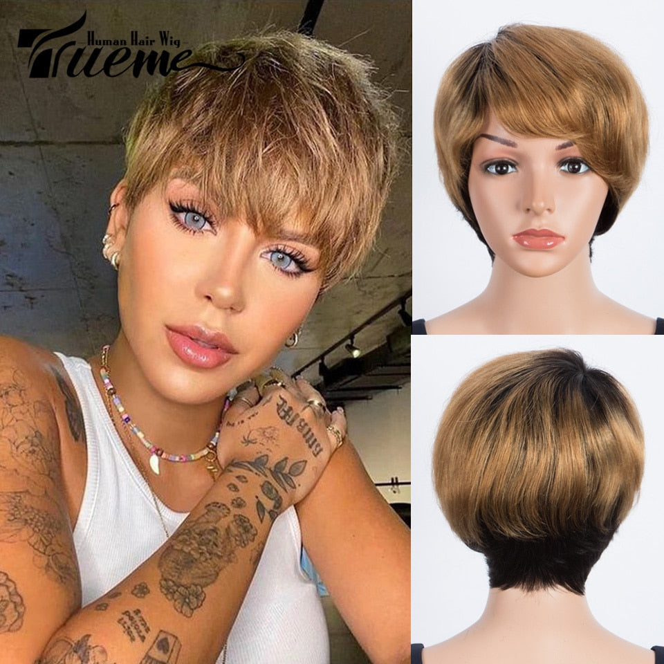 Trueme Short Straight Human Hair Pixie Cut Brazilian Ombre/ Brown/ Red/ Grey Wigs