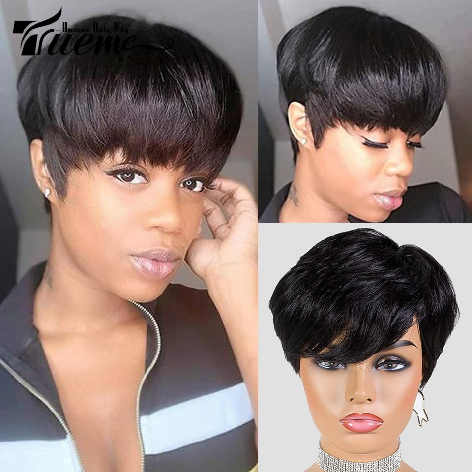 Trueme Short Straight Human Hair Pixie Cut Brazilian Ombre/ Brown/ Red/ Grey Wigs