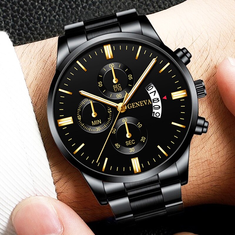 Fashion Men Black Stainless Steel Luxury Calendar Quartz Wrist Watch