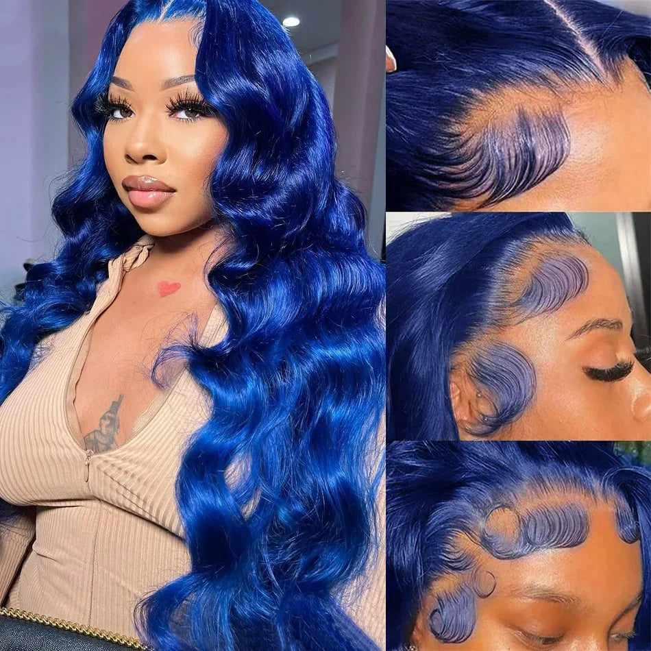 Dark Blue 13x4 Brazilian Body Wave Transparent Lace Frontal Pre Plucked Human Hair Wig