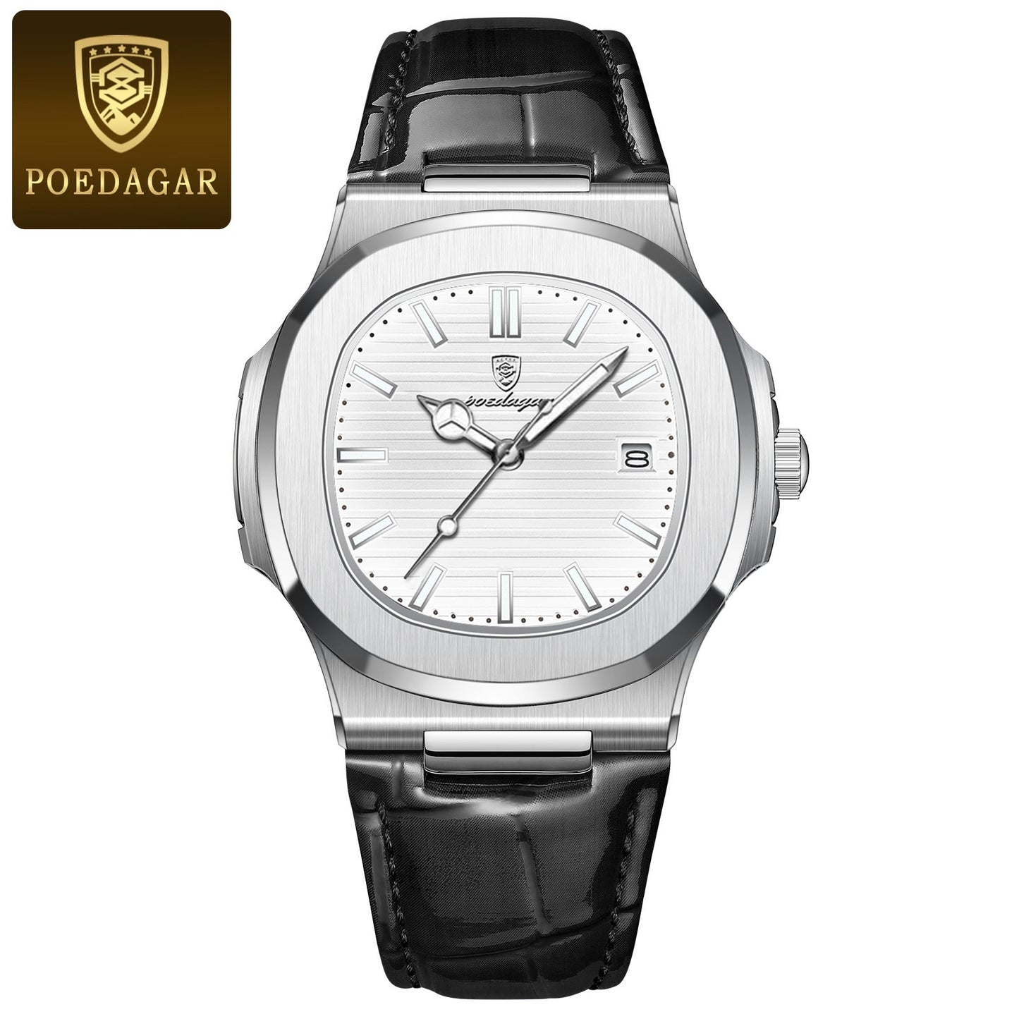 POEDAGAR Luxury Square Men's  Business Stainless Steel Waterproof Luminous Quartz Men Watch With  Date