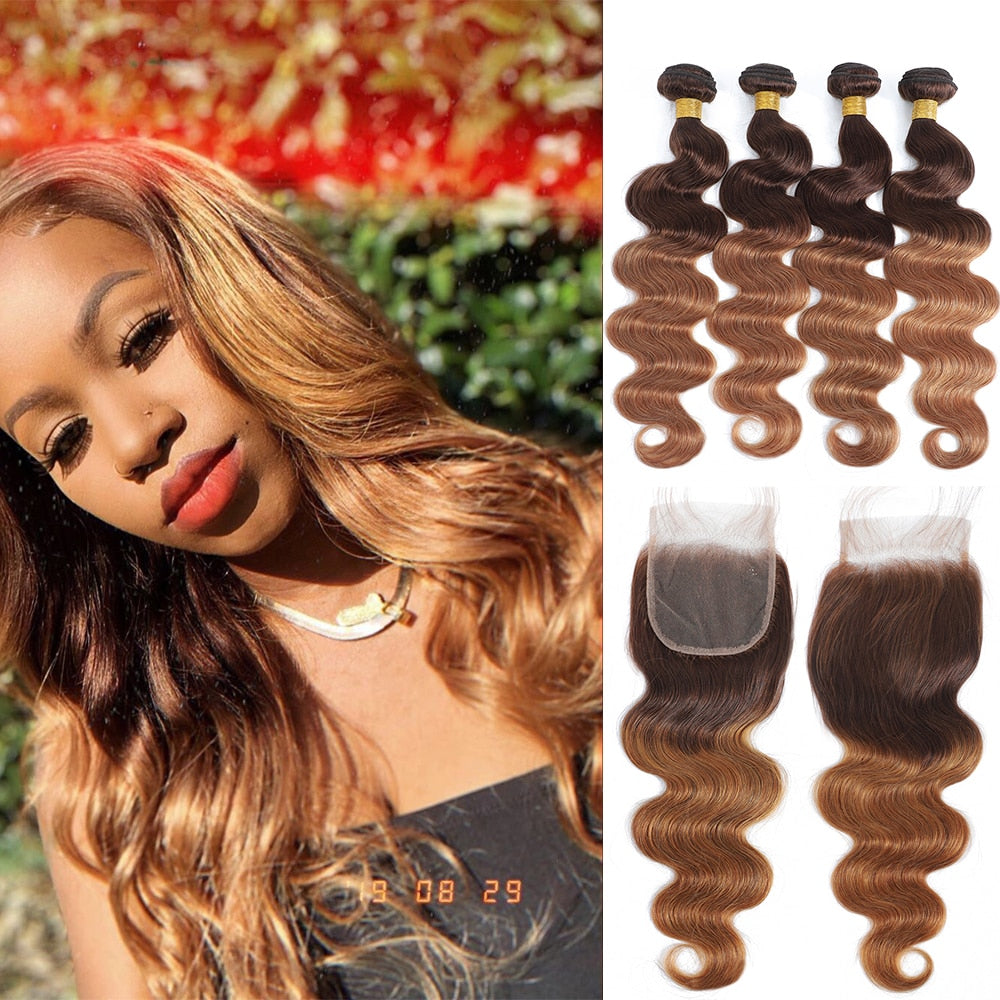 Colored Body Wave Brazilian Human Hair Weave Bundles With HD Lace Closure Ombre Brown Extensions