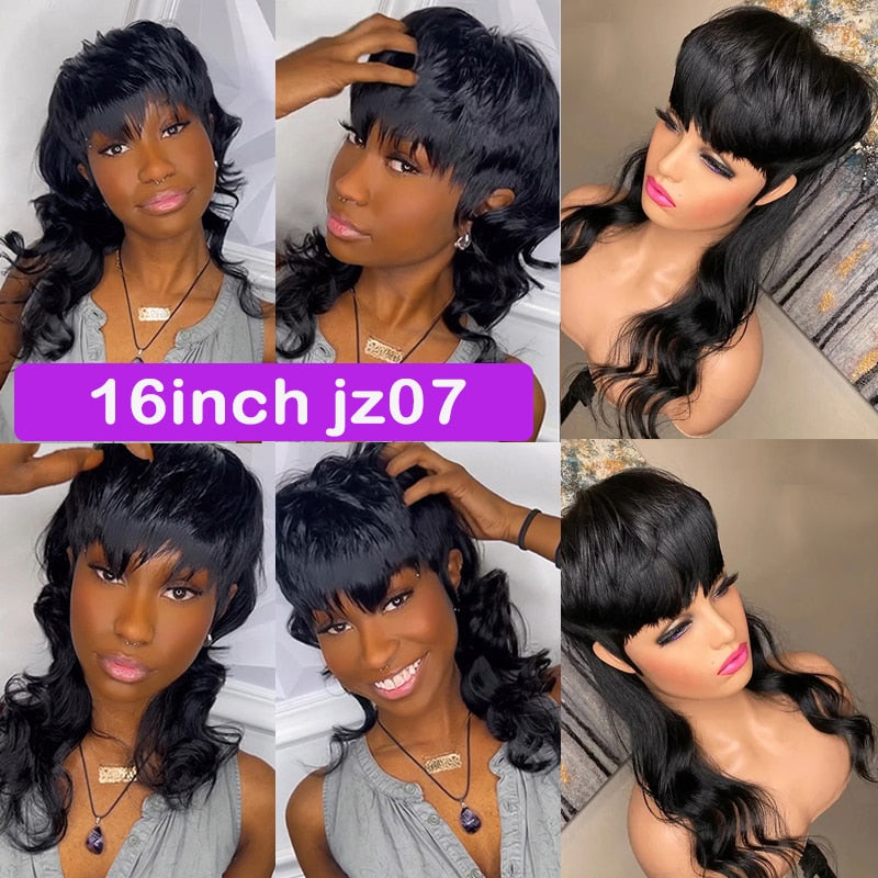 Full Machine Made Short Pixie Cut Brazilian Loose Curly Human Hair No Lace Wigs Wig With Bangs