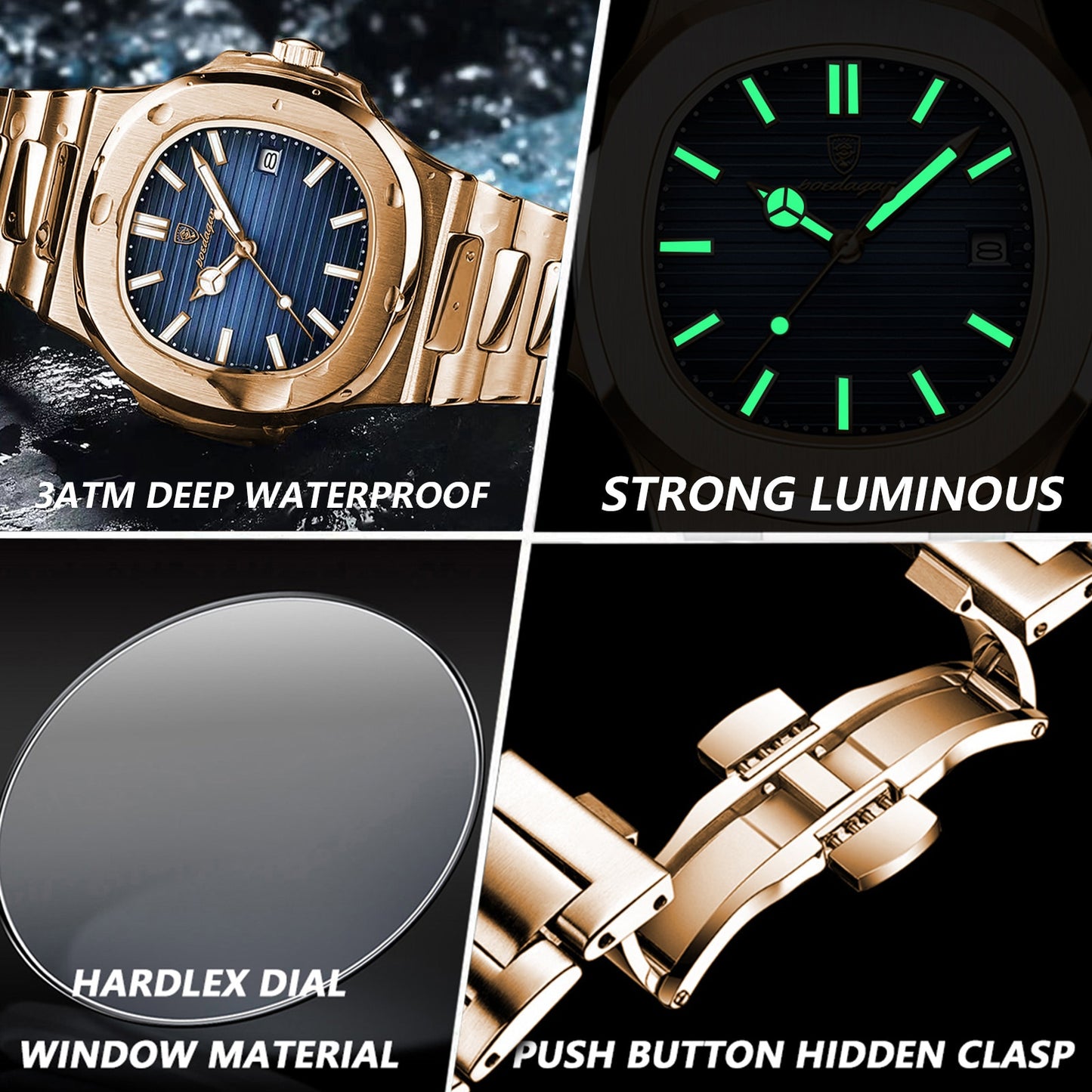 POEDAGAR Luxury Square Men's  Business Stainless Steel Waterproof Luminous Quartz Men Watch With  Date