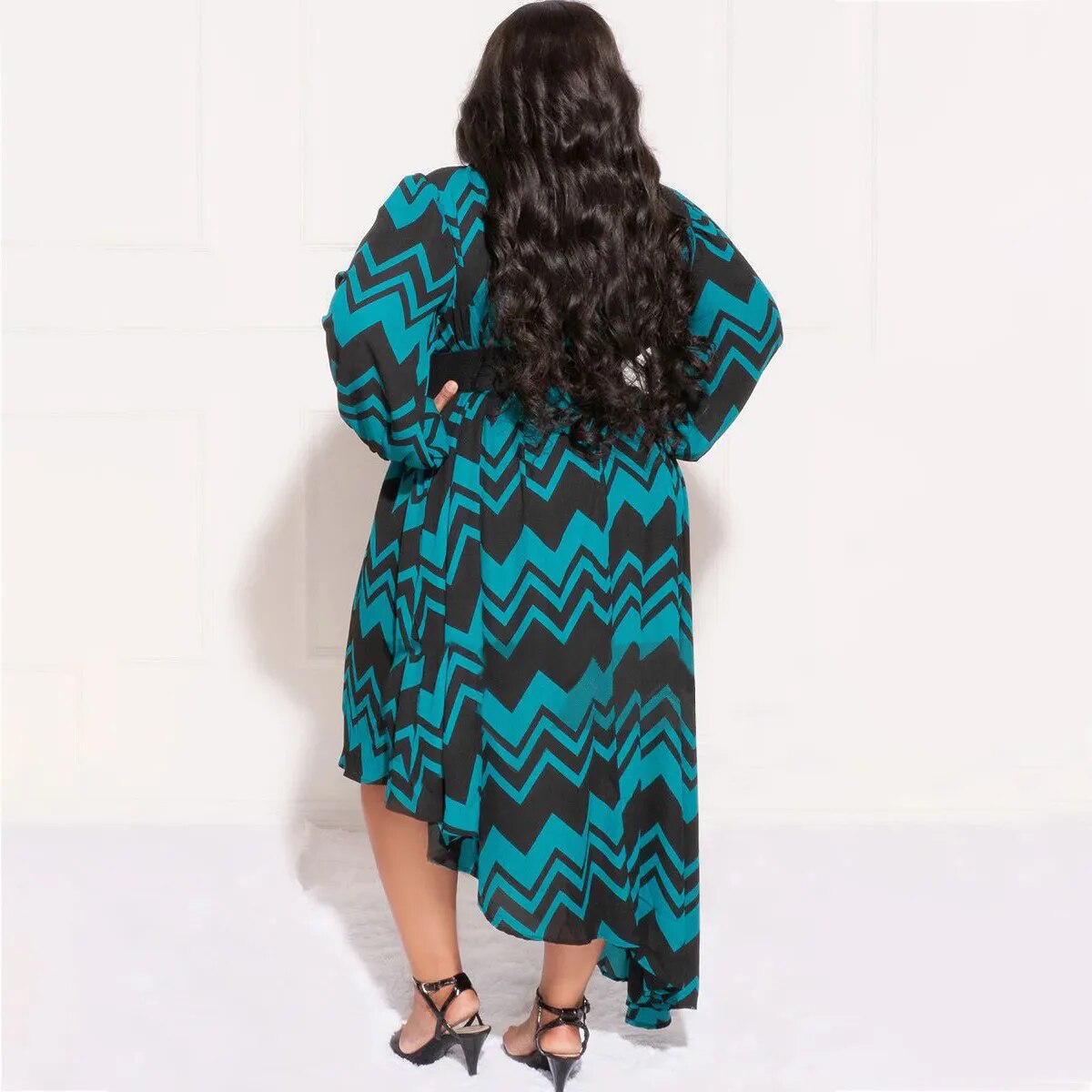 Plus Size Women Stripe Printing Long Sleeve Irregular Loose Casual Dresses