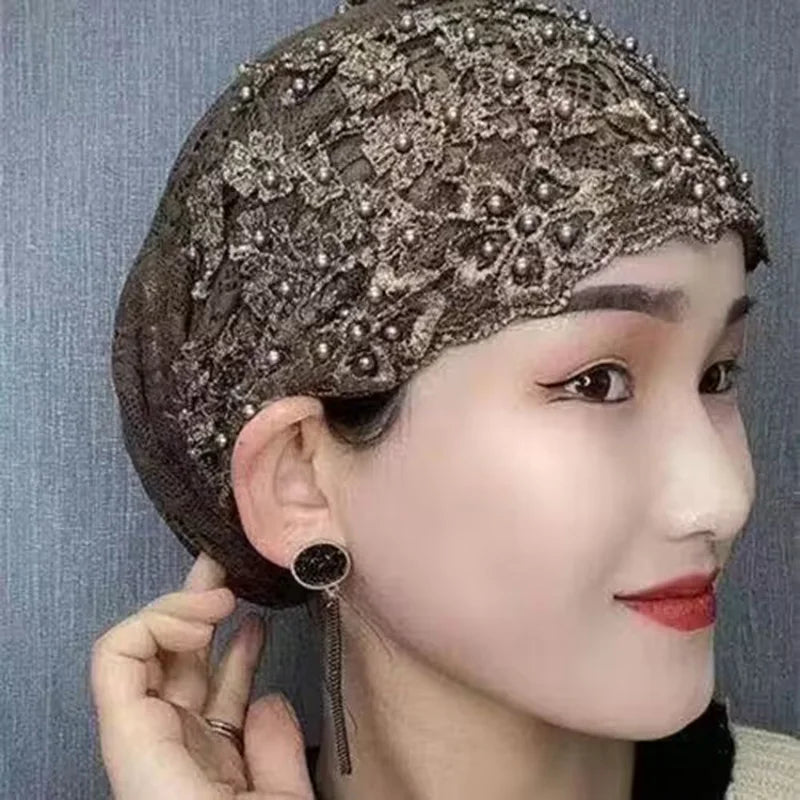 Lace Beading Turban Hat Headscarf