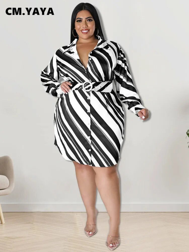 Elegant Women Plus Size Curve Striped Long Sleeve with Belt Shirt Style Dress