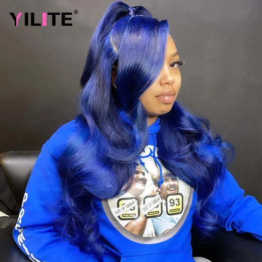 Navy Blue Color Body Wave 13x4 Lace Front Remy Preplucked Human Hair Wigs