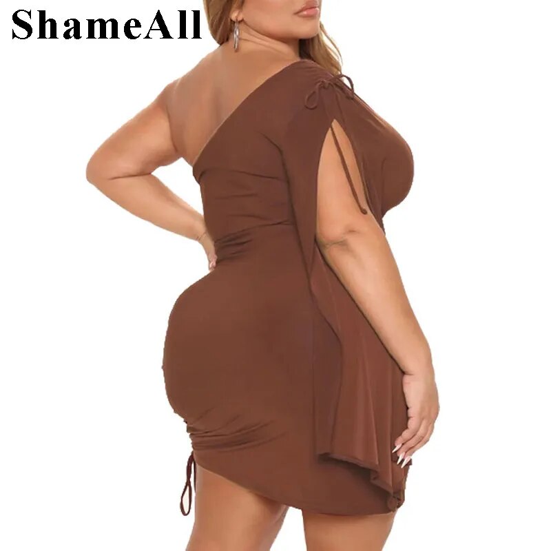 Plus Size Sexy One Shoulder Cap Sleeve Ruched Mini Dress