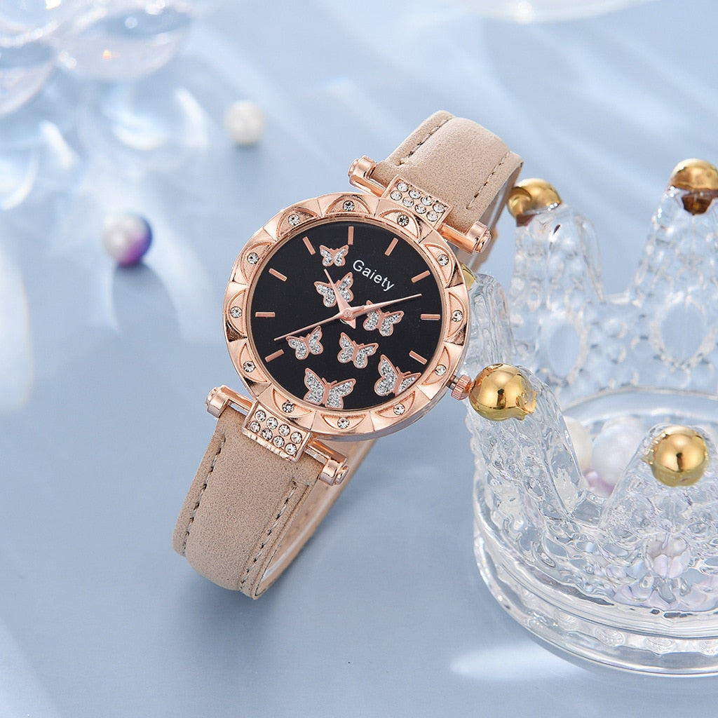 Luxury Women Watch, Bracelet, Earring, And Necklace Set / Leather Band Ladies Quartz Wristwatch