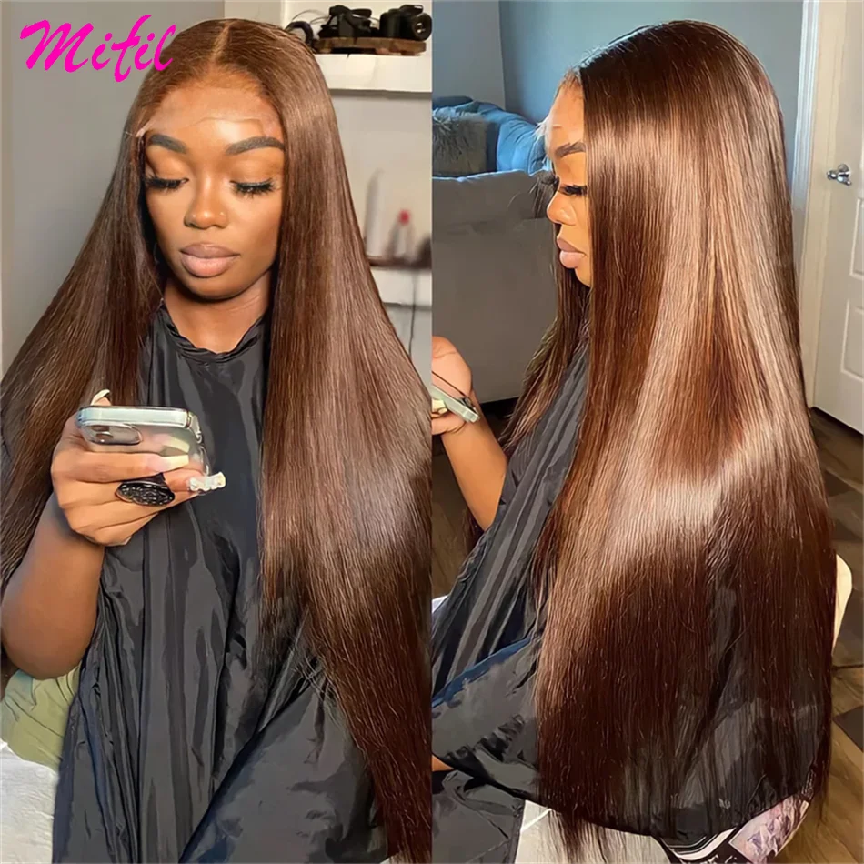 30 Inch Bone Straight Chocolate Brown Colored Lace Front Human Hair Wig