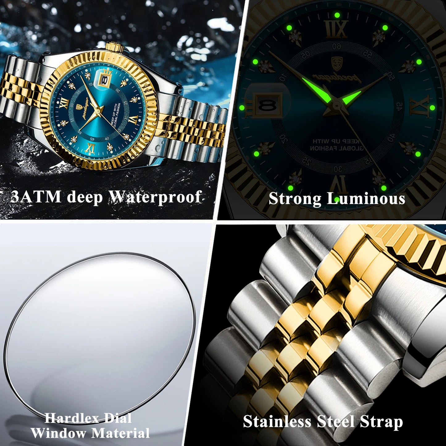 POEDAGAR Waterproof Luminous Dated Men Quartz Stainless Steel Watch