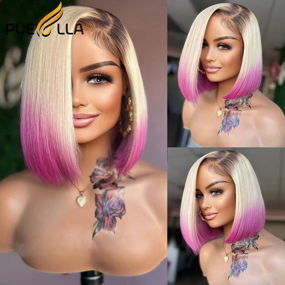 Blonde And Pink Short Bob 13x4 Lace Front Remy Human Hair Pixie Cut Wig