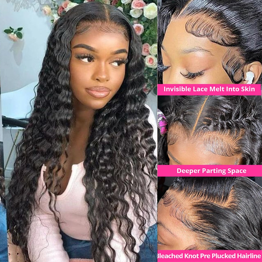 13x6 Loose Deep Wave 13x4 Transparent Lace Front Human Hair Pre Plucked 180% Loose Deep Curly Closure Wigs