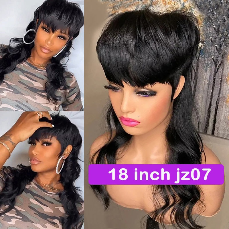 Full Machine Made Short Pixie Cut Brazilian Loose Curly Human Hair No Lace Wigs Wig With Bangs