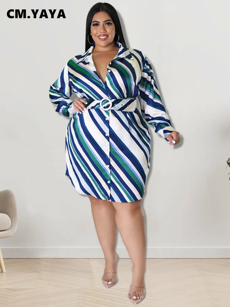 Elegant Women Plus Size Curve Striped Long Sleeve with Belt Shirt Style Dress