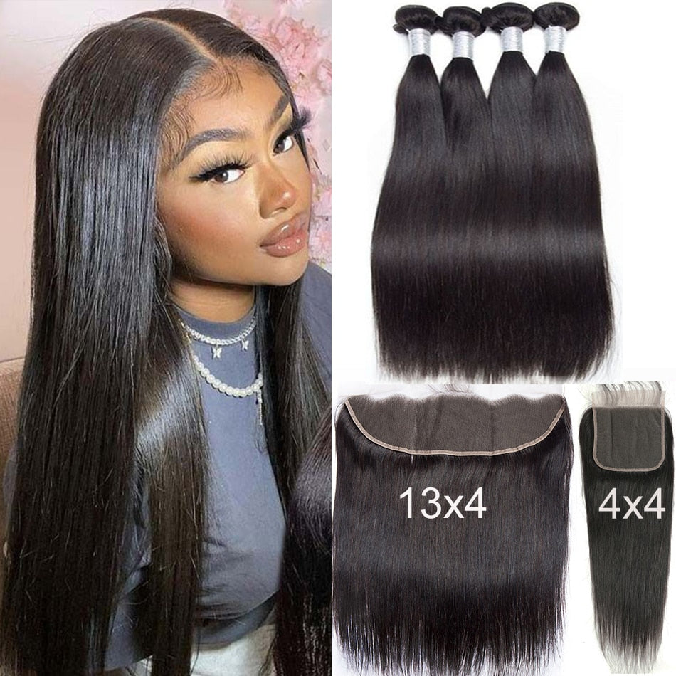 Bone Straight Brazilian Natural hair Bundles With 30 Inch Lace Frontal  Closure