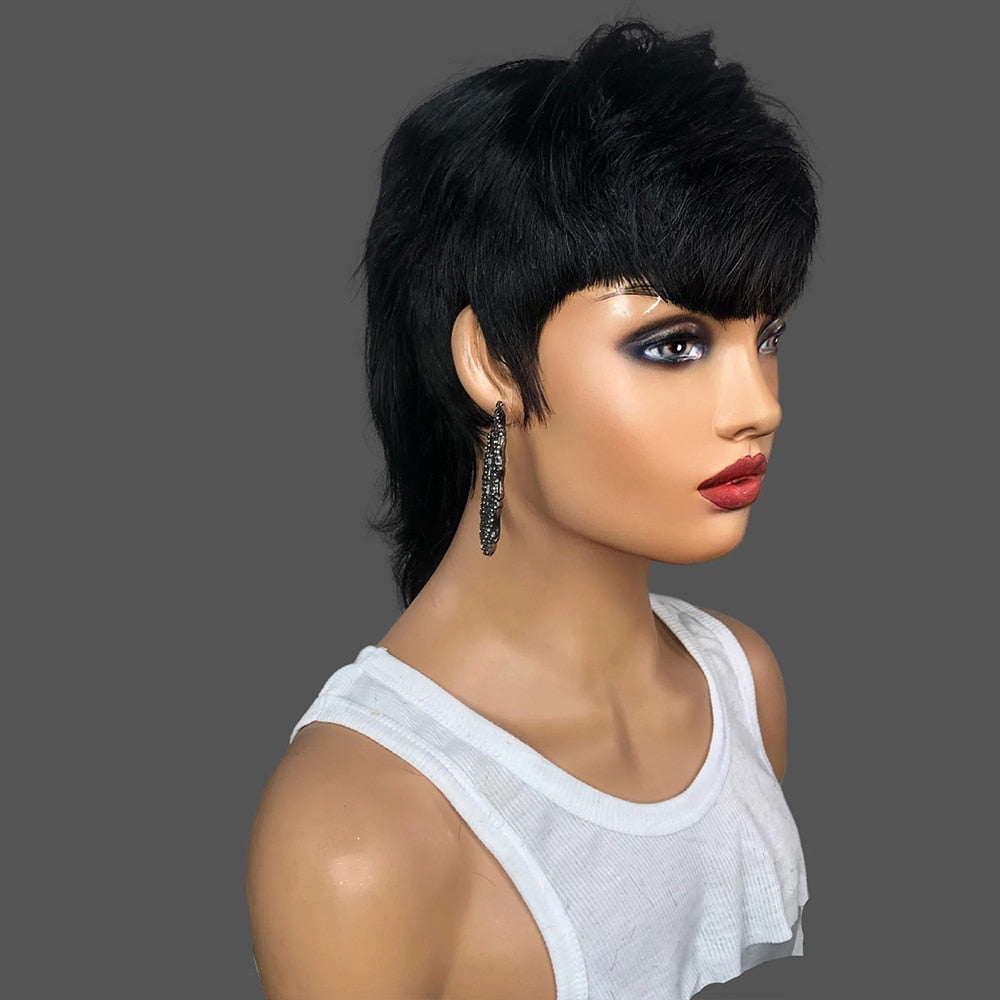 Glueless Body Wave Brazilian Remy Human Hair Mullet Short Pixie Cut With Bangs Full Machine Made Wig