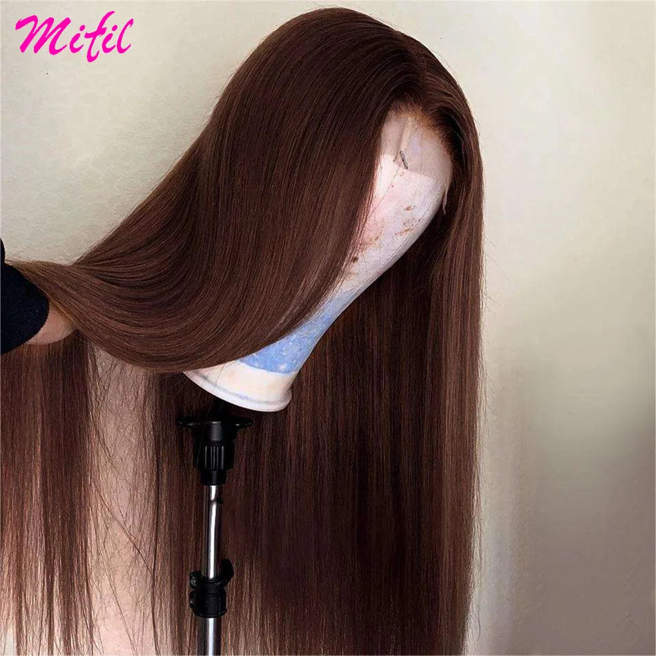 30 Inch Bone Straight Chocolate Brown Colored Lace Front Human Hair Wig