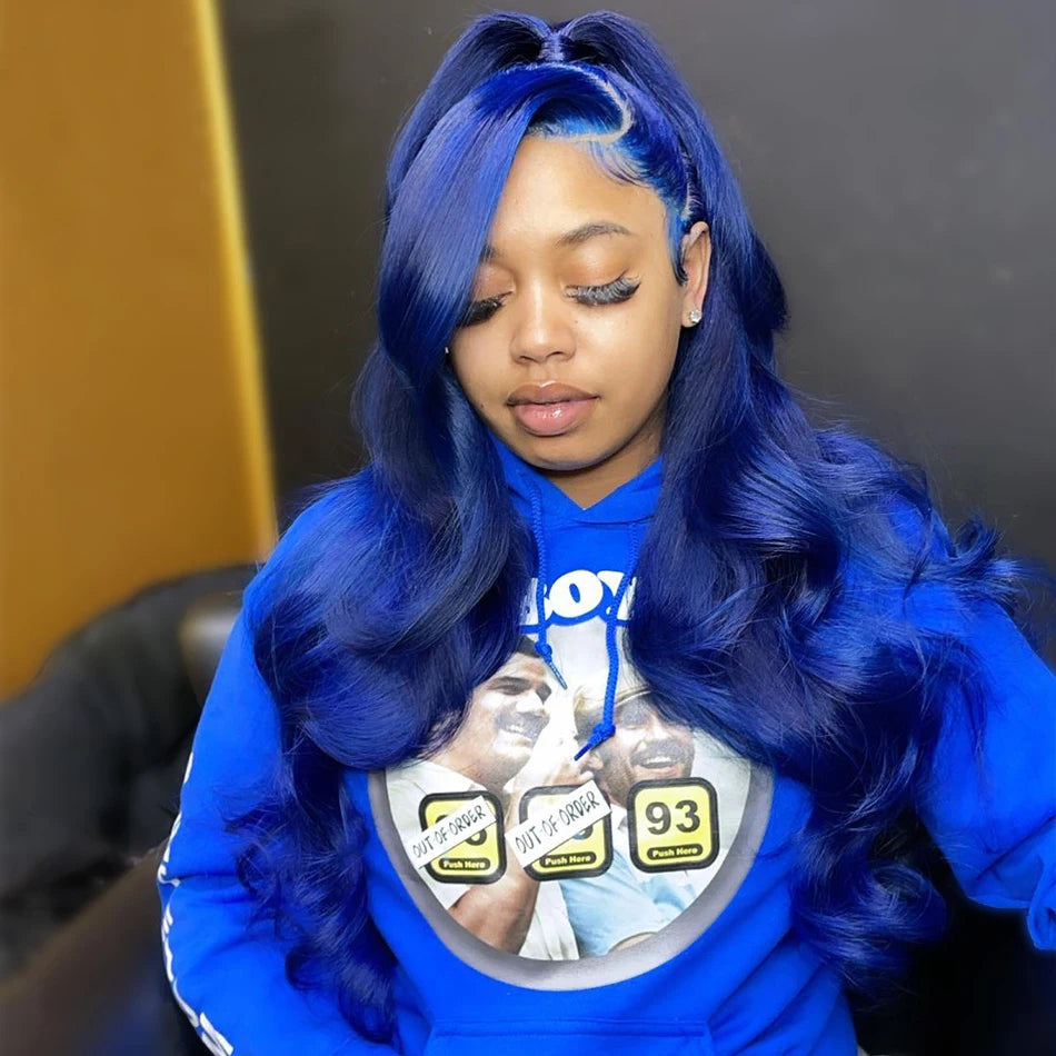 Navy Blue Color Body Wave 13x4 Lace Front Remy Preplucked Human Hair Wigs