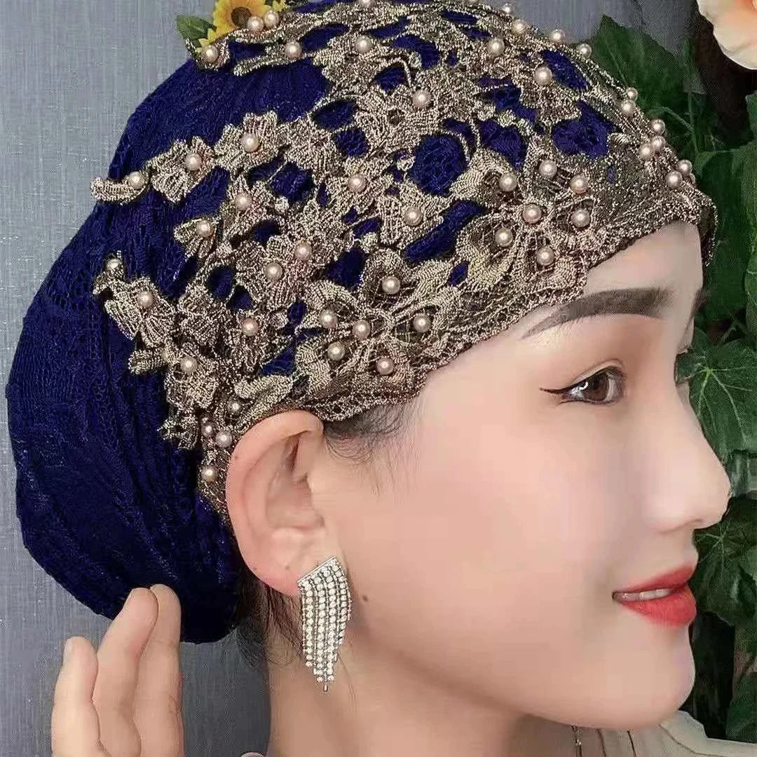 Lace Beading Turban Hat Headscarf