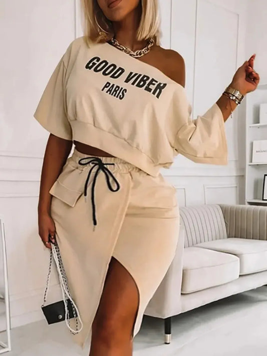 Plus Size Two Piece Good Viber One Shoulder Letter Print Crop Top+High Split Skirt Elegant Matching Set