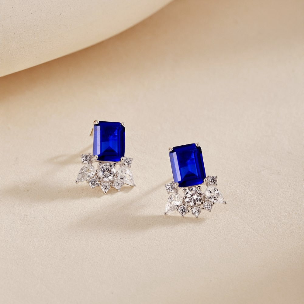 Wong Rain 100% 925 Sterling Silver Emerald Cut 7*9MM Lab Sapphire Gemstone Stud Fashion Earrings