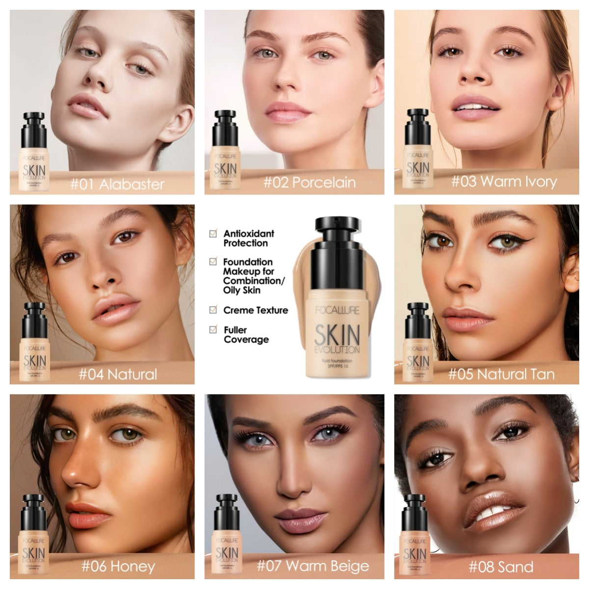 FOCALLURE Waterproof Matte Face Full Coverage Concealer Whitening Liquid Foundation