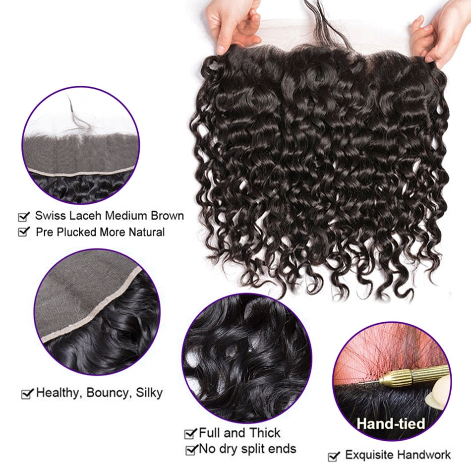 12A Indian Remy Water Wave 3 Bundles Human Hair With 13X4 Wet and Wavy Curly Frontal Closure