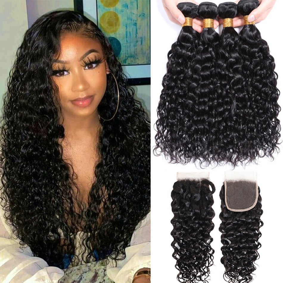 12A Indian Remy Water Wave 3 Bundles Human Hair With 13X4 Wet and Wavy Curly Frontal Closure