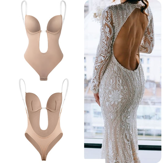 Deep V-Neck Backless U Plunge Thong Bodysuit Shapers Waist Trainer Women's Clear Strap Padded Push Up Corset