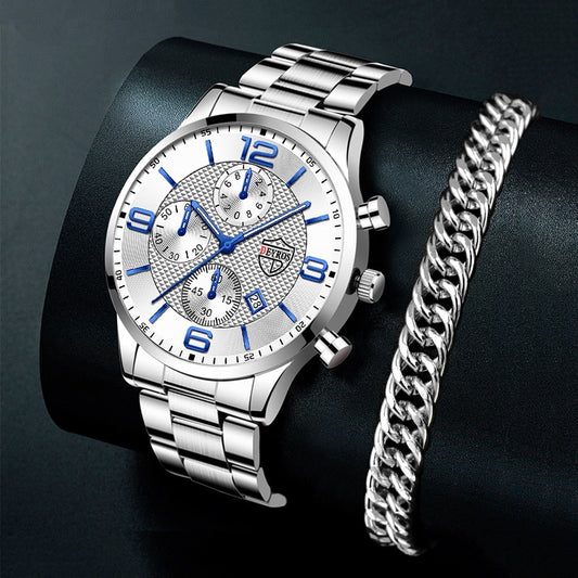 Relogio Masculino Men's Business  Luxury Stainless Steel Quartz Wrist Watch With Silver Bracelet