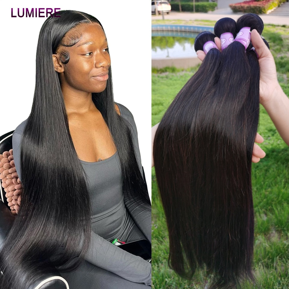 Lumiere 32 38 40 inch Brazilian Bone Straight Human Bundles Hair Weave 1/3/4 Remy Human hair  Extensions