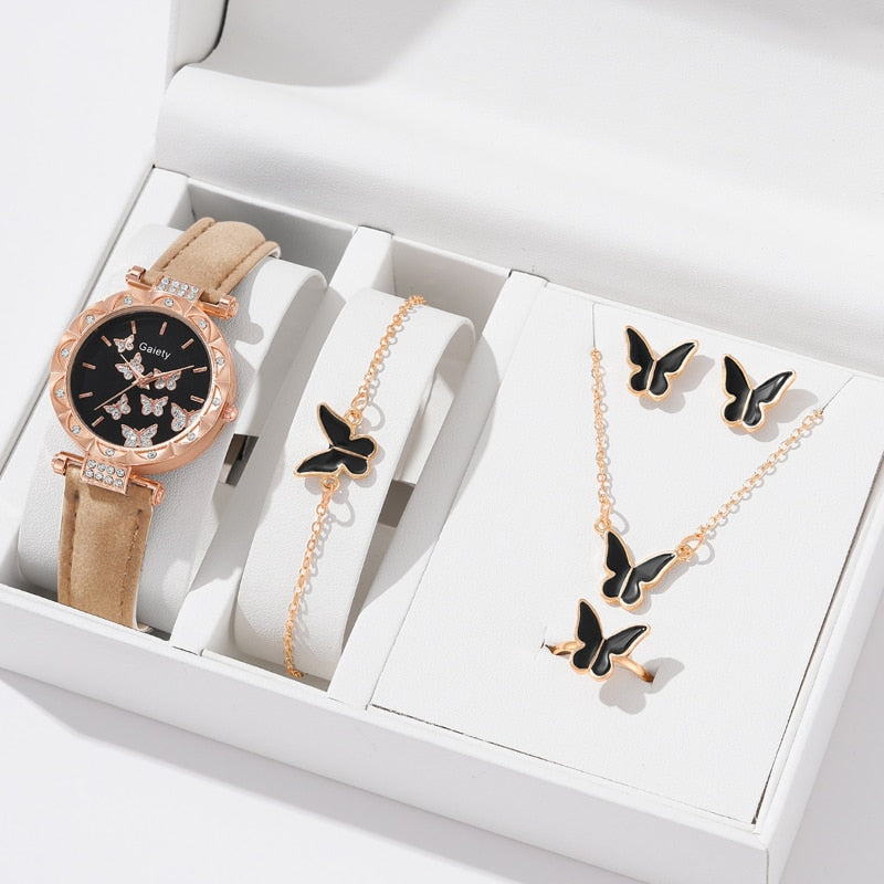 Luxury Women Watch, Bracelet, Earring, And Necklace Set / Leather Band Ladies Quartz Wristwatch