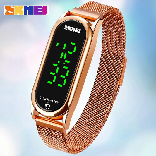 SKMEI Touch Screen Women Fashion Rosegold Mesh Belt LED Display Digit Elegant Magnet Buckle Bracelet Watches