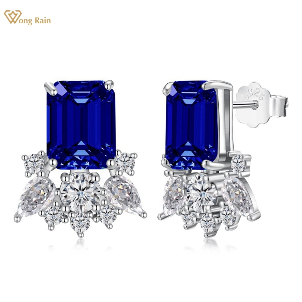 Wong Rain 100% 925 Sterling Silver Emerald Cut 7*9MM Lab Sapphire Gemstone Stud Fashion Earrings