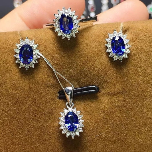 Luxury Lab Sapphire Ring Earrings Necklace Set Tibetan Silver  Jewelry