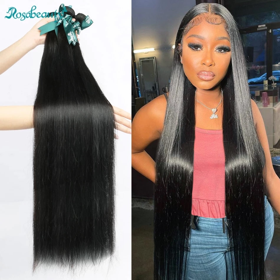 Rosabeauty 28 30 32 40 Inch Natural Color Brazilian Hair Weave 1 3 4 Bundles Straight 100% Remy Human Hair Extensions Weft deals