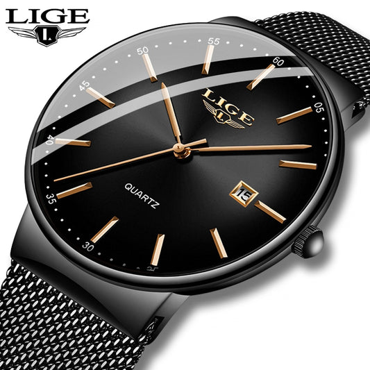 LIGE Ultra Thin Waterproof Date Quartz  Men's Fashion Wrist Watch