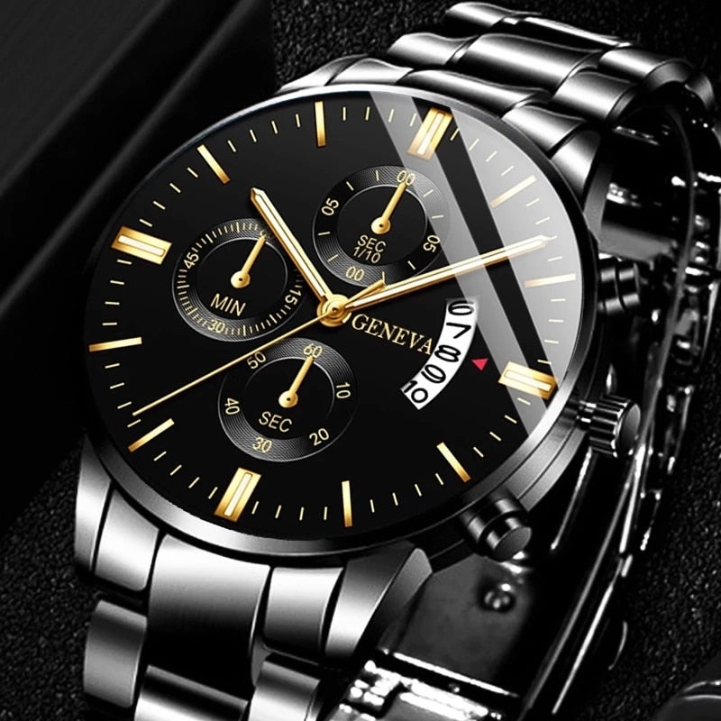 Fashion Men Black Stainless Steel Luxury Calendar Quartz Wrist Watch