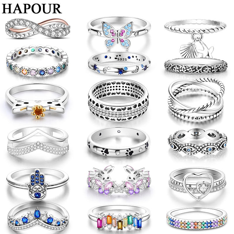 HAPOUR 925 Silver Ring For Women Sparkling Colorful Zircon Heart Butterfly Original Simple Anillos Wedding Jewelry Gifts