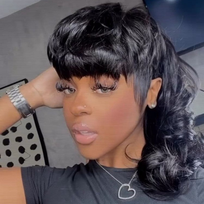 Glueless Body Wave Brazilian Remy Human Hair Mullet Short Pixie Cut With Bangs Full Machine Made Wig